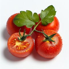 Poster - Juicy Fresh Cherry Tomatoes with Water Droplets and Green Herb Leaves : Generative AI