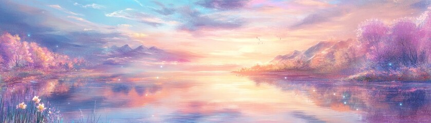 Poster - Beautiful pastel landscape reflection on a serene body of water