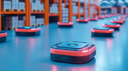 Poster - Warehouse robots navigate efficiently among shelves, equipped with bright lights, showcasing modern automation in logistics and inventory management.