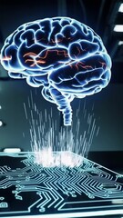 Poster - Glowing brain interface with circuit board simulating technological neural connection
