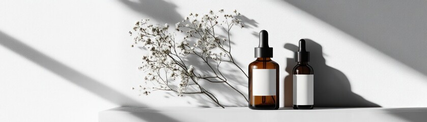 Poster - Two amber dropper bottles next to dried baby breath flowers