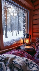Poster - Cozy winter scene with a lantern by the window framing a snowy forest landscape : Generative AI