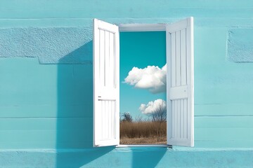 Poster - Double doors swung open to reveal a bright blue sky with clouds against a smooth painted wall : Generative AI