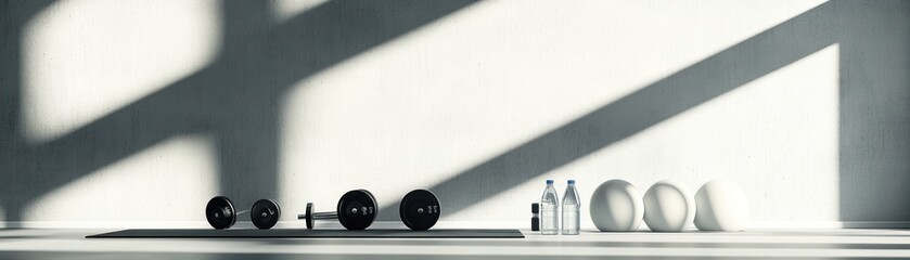 Poster - Fitness equipment arranged against a wall with geometric light patterns