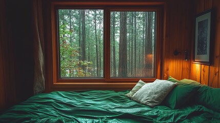 Poster - Inviting bedroom with plush green bedding and views of forest trees through rain-speckled windows : Generative AI