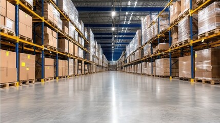 Poster - A spacious warehouse featuring tall rows of stacked boxes and clear, well-lit pathways between them.