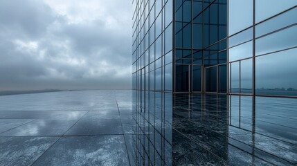 Poster - Modern architectural reflection glass structure in urban landscape minimalist aesthetic overcast sky serene view