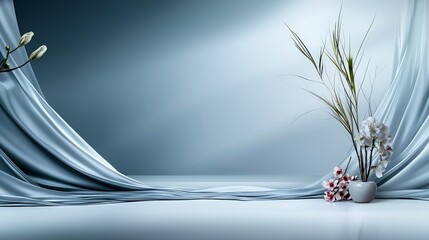 Poster - Elegant minimalist arrangement with soft drapery and floral accent studio setting photography calm atmosphere
