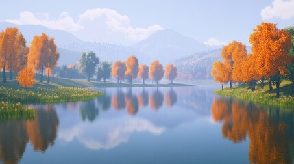 Poster - Beautiful lake scene reflecting autumn trees and distant mountains