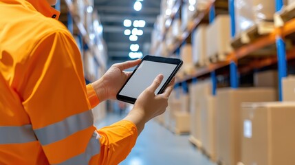 Poster - A warehouse worker in an orange safety jacket uses a tablet to manage inventory among neatly stacked boxes.