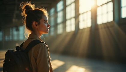 Poster - Warm backlit portrait of a young woman in an industrial setting during golden hour