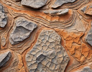 Poster - Textured Stone Formations Abstract Natural Appearance...Gray and Orange Hues Contrast...Layered Wavy Patterns Enhance Depth...Rugged Organic Aesthetic.