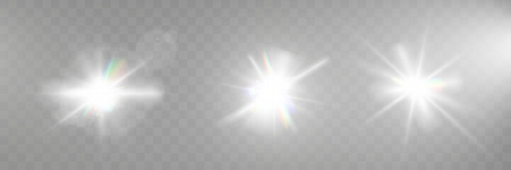 Wall Mural - bright white light explosion with lens flare, rainbow reflections, and sparkles on transparent backg