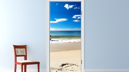 Wall Mural - Charming Beachfront Scene Visible from Open Door with Bright Blue Sky and Sandy Shore : Generative AI