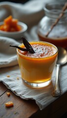 Poster - Rich and creamy dessert served in a glass with vanilla bean garnish and orange zest beside a jar of syrup