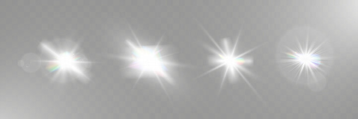 Wall Mural - bright white light explosion with lens flare, rainbow reflections, and sparkles on transparent backg