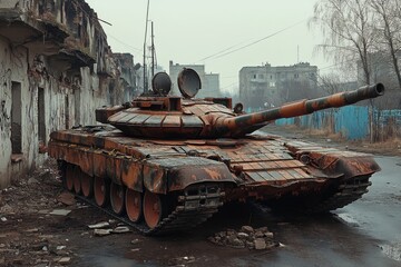 Old abandoned military tank on a deserted road in foggy weather