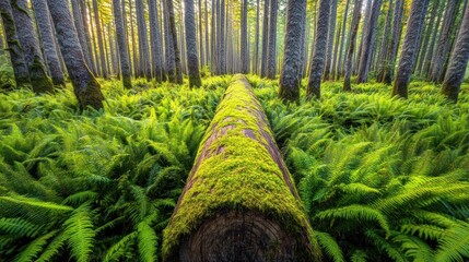 Aufkleber - Mossy log spans through a forest with ferns abound
