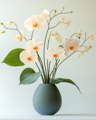 Poster - Elegant minimalist centerpiece of palm fronds and white orchids modern decor indoor setting aesthetic view