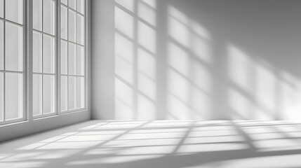 Aufkleber - Bright room with large windows casting shadows on the white wall and floor. Interior design