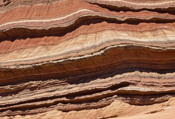 Poster - Sedimentary Rock Layers, Natural Geological Formation. Eroded Strata Displaying Earth's History. Wavy Undulating Patterns. Reddish Brown Bands. Smooth Curves. Rugged Texture. A Beautiful Landscape.