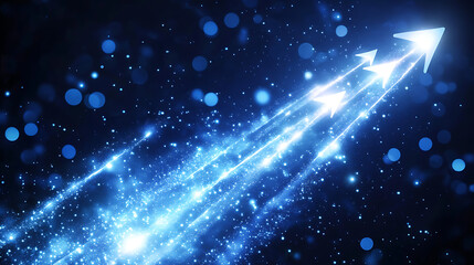 Fototapete - A dynamic blue background with glowing arrows and sparkling particles, symbolizing progress, movement, and technological advancement.