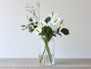 Poster - elegant minimalist centerpiece of white anthuriums modern home floral arrangement bright environment