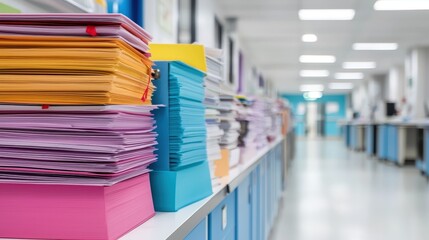Poster - A colorful stack of paperwork in an office setting, showcasing organized chaos and vibrant stationery against a modern workspace backdrop.medical records in a file cabinet, focusing on the various fil