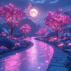 Wall Mural - pink moonlit river, glowing trees, fantasy landscape, game background