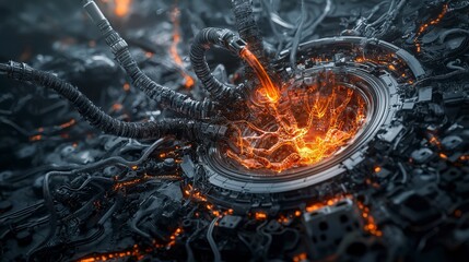 Aufkleber - Cybernetic landscape futuristic synthetic ecosystem featuring engineered machinery and digital art
