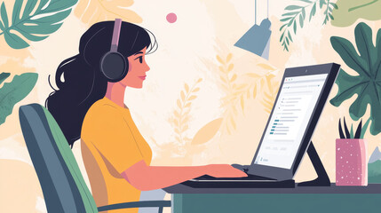 Poster - Customer support online assistant, call center service vector illustration. Business communication help for client by laptop. Woman man person chat technology, professional work contact.