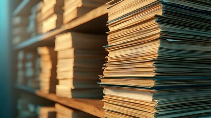 Poster - a close-up view of stacked documents on wooden shelves, illuminated by soft light, creating a warm a