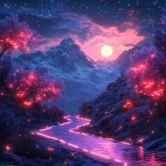 Wall Mural - glowing river, fantasy mountain sunset, digital art
