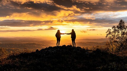 Poster - Sunset friendship moment scenic mountain view nature photography emotional connection silhouette inspiration