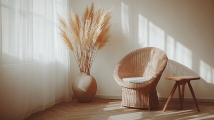 Poster - Sunlight-drenched, cozy corner, wicker chair, pampas grass