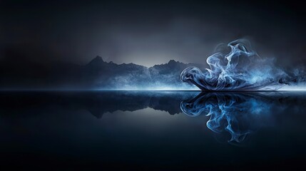 Fototapete - Soft swirling smoke rising over dark mountain reflections tranquil landscape digital art serene atmosphere