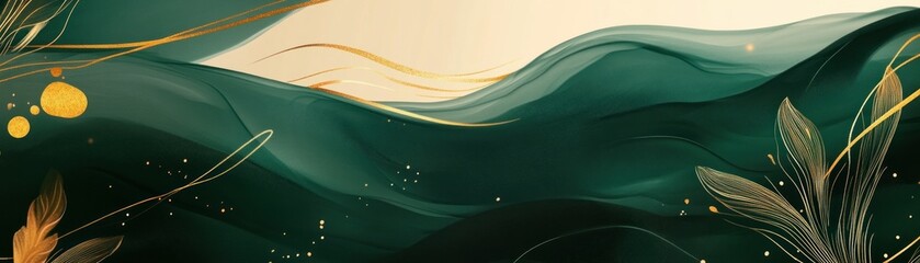 Aufkleber - Elegant abstract artwork featuring green swirls and golden accents