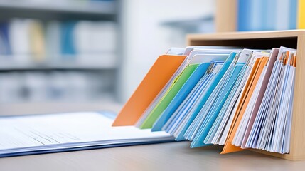 Poster - a neatly organized set of colorful file folders in a box, with documents partially visible on a tabl
