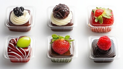 Wall Mural - Assorted gourmet desserts in clear containers, showcasing vibrant toppings and rich textures