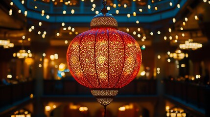 Poster - Close-up of a decorative, glowing lantern hanging inside a building with blurred lights