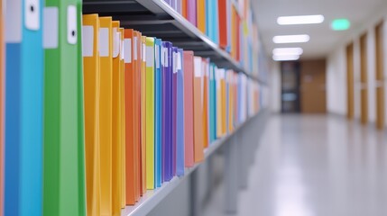 Poster - a vibrant row of colorful folders neatly arranged on shelves in a modern, well-lit hallway, suggesti