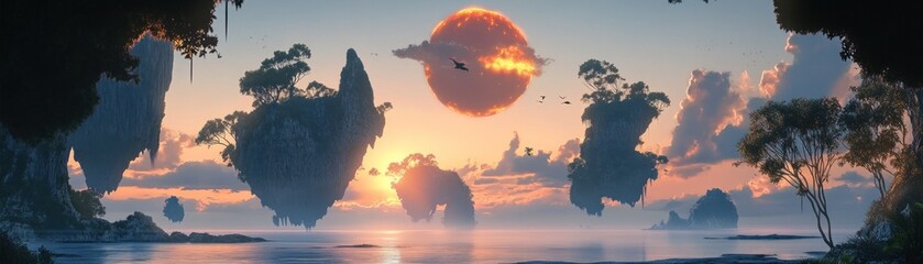 Poster - Fantasy landscape with floating islands and a large sunset