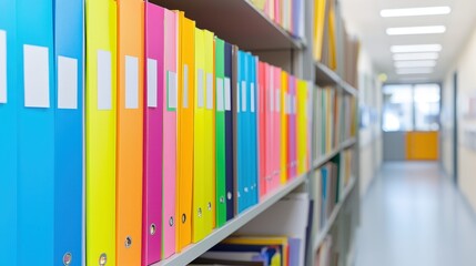 Poster - a vibrant row of colorful file folders on a shelf in a well-lit corridor, suggesting organization an