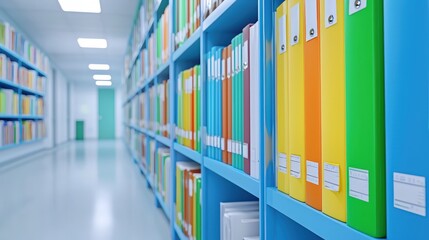 Poster - A neat and organized hallway filled with colorful file folders on blue shelves, creating a visually appealing workspace.medical records in a file cabinet, focusing on the various files and documents, 