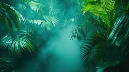 Poster - Lush green palm fronds surrounded by mysterious teal colored fog