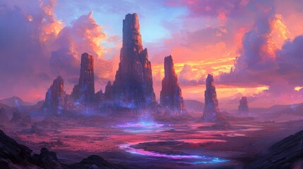 Poster - Towering rock formations dominate a surreal landscape at sunset