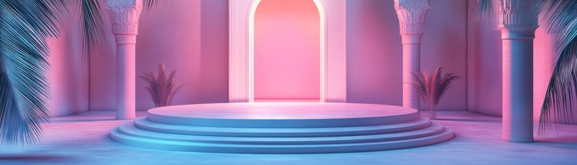 Poster - Pastel Pillars Surround Circular Platform With Plants