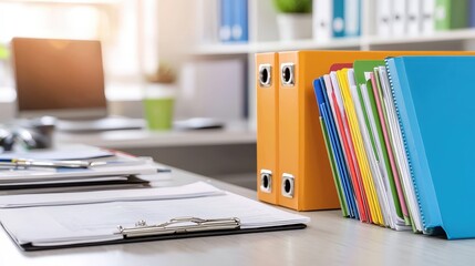 Poster - A bright office scene featuring colorful binders and folders on a desk, with a clipboard and a blurred background of shelves.medical records in a file cabinet, focusing on the various files and docume
