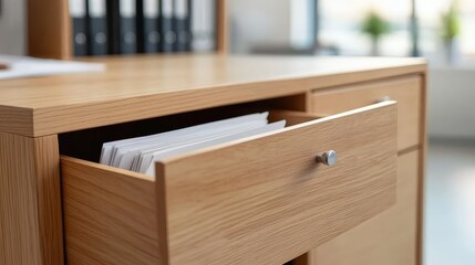 Poster - a wooden desk drawer partially open, revealing organized papers, with a clean and modern workspace a
