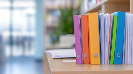 Poster - a vibrant assortment of colorful binders filled with documents, neatly arranged on a wooden shelf in